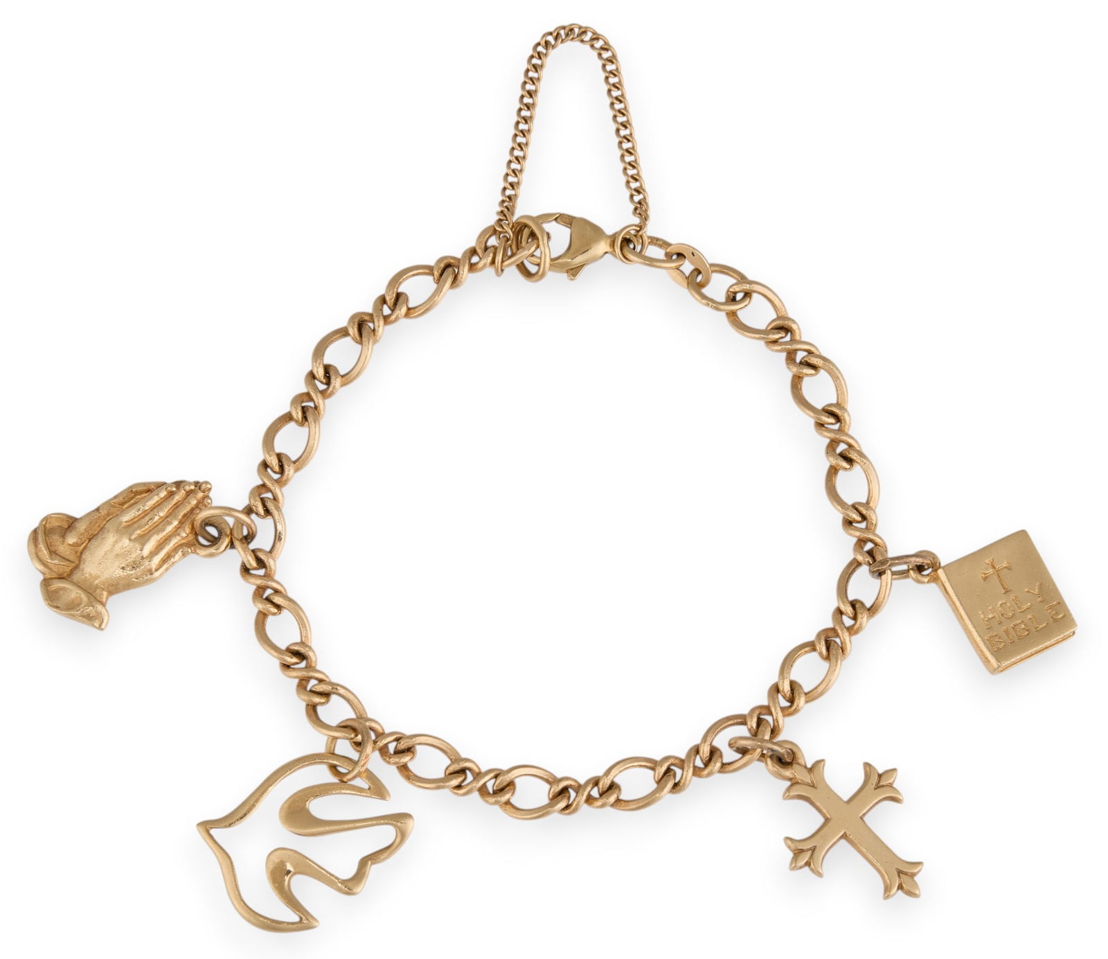 14K James Avery Charm Bracelet: 14K gold James Avery charm bracelet featuring four charms, cross, dove, prayer hands, and bible, all marked "Avery 14K" Length: 7 in.Total weight: 19.8 g Provenance: Property from a home in