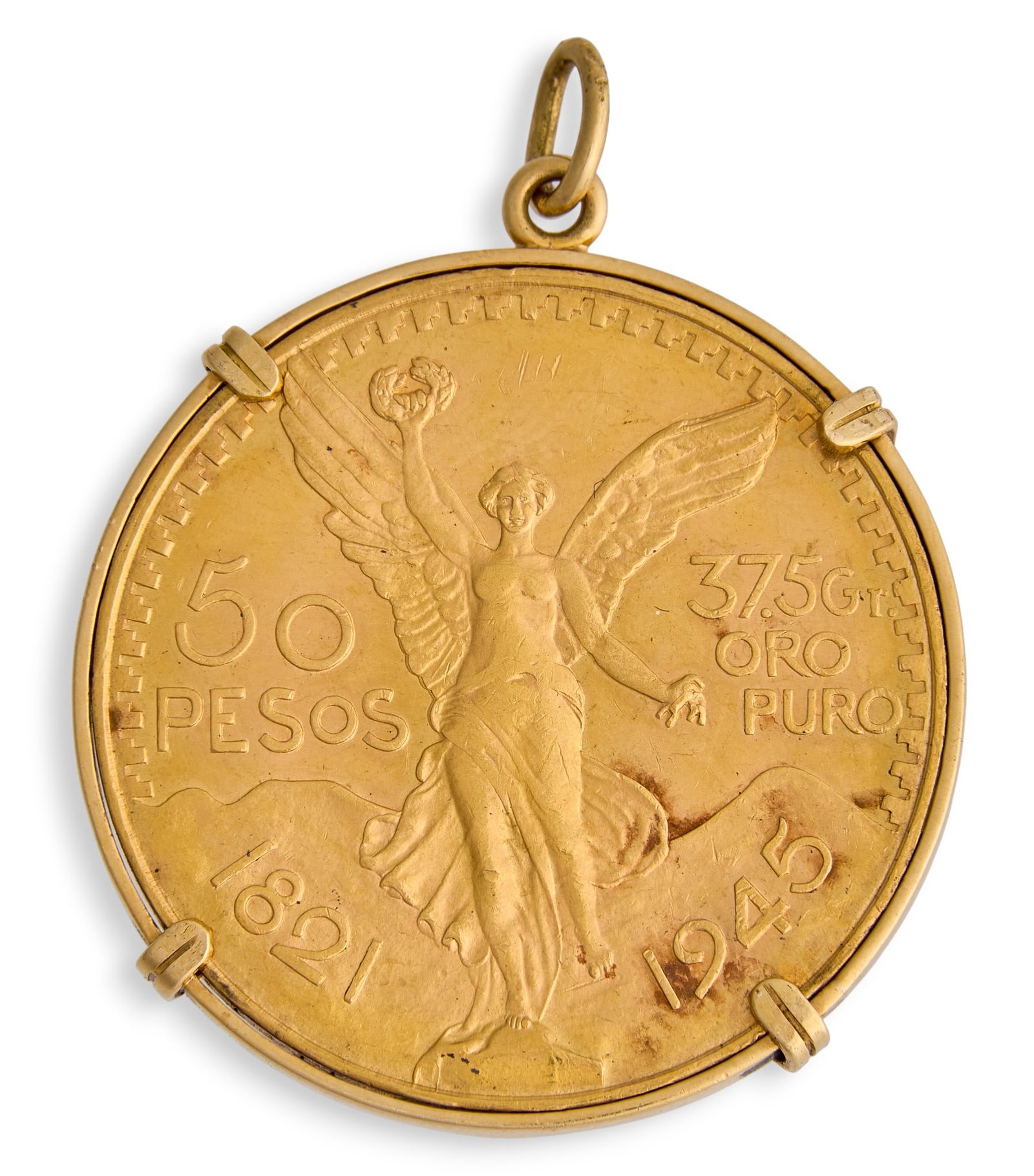 Mexican Fine Gold Coin Centenario Pendant: Mexican fine gold coin Centenario, mounted in a 14K yellow gold bezel pendant Total weight: 45 g