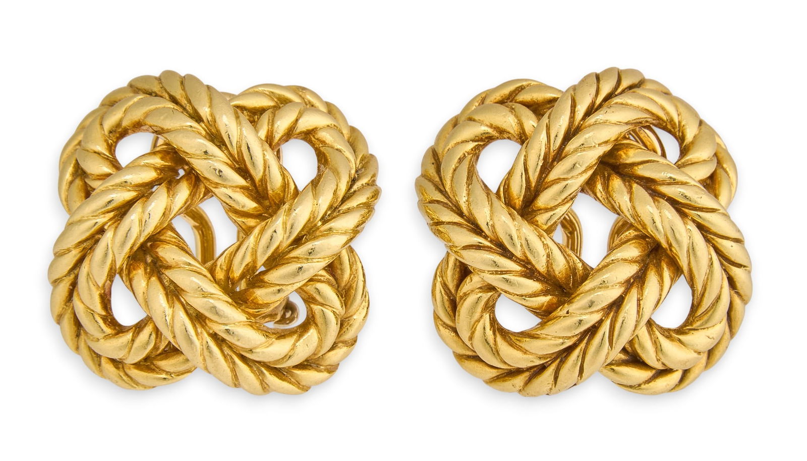 Bucherer 18K Gold Knot Earrings: Vintage Bucherer 18K gold knot earrings with omega wire backs, stamped "Bucherer, 18K" Total weight: 24.04 Provenance: Property from the Terrell Hills, Texas estate of distinguishe