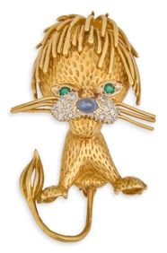 Vintage 18K Gold, Diamond, Emerald Lion Pin