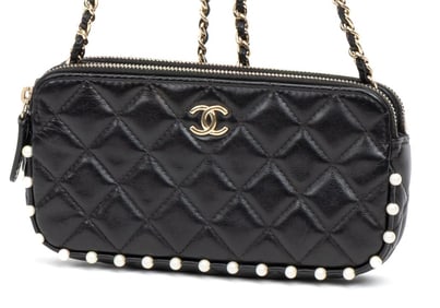 Chanel Pearls Double Zip Chain Clutch Shoulder Bag