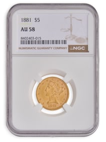 1881 AU58 Half Eagle Liberty Gold Coin