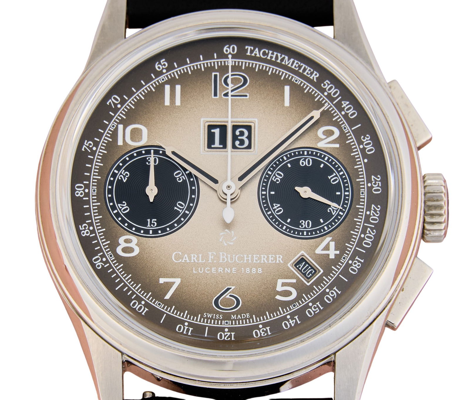 Carl F. Bucherer Heritage BiCompax Limited Ed. Watch: Carl F. Bucherer Heritage BiCompax Limited Ed wrist watch with grey dial, stainless case and clack leather bracelet with stainless deployment clasp, reference no. 00.10803.08.92.75, includes
