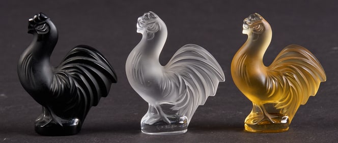 (3) Lalique Crystal “Coq?? Rooster Figurines