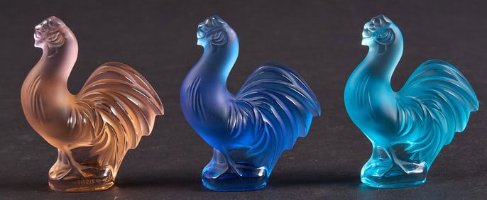 (3)  Lalique Crystal “Coq?? Rooster Figurines