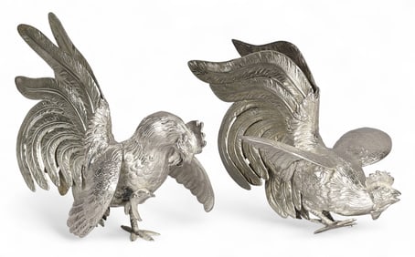Pair of Camusso Sterling Silver Roosters