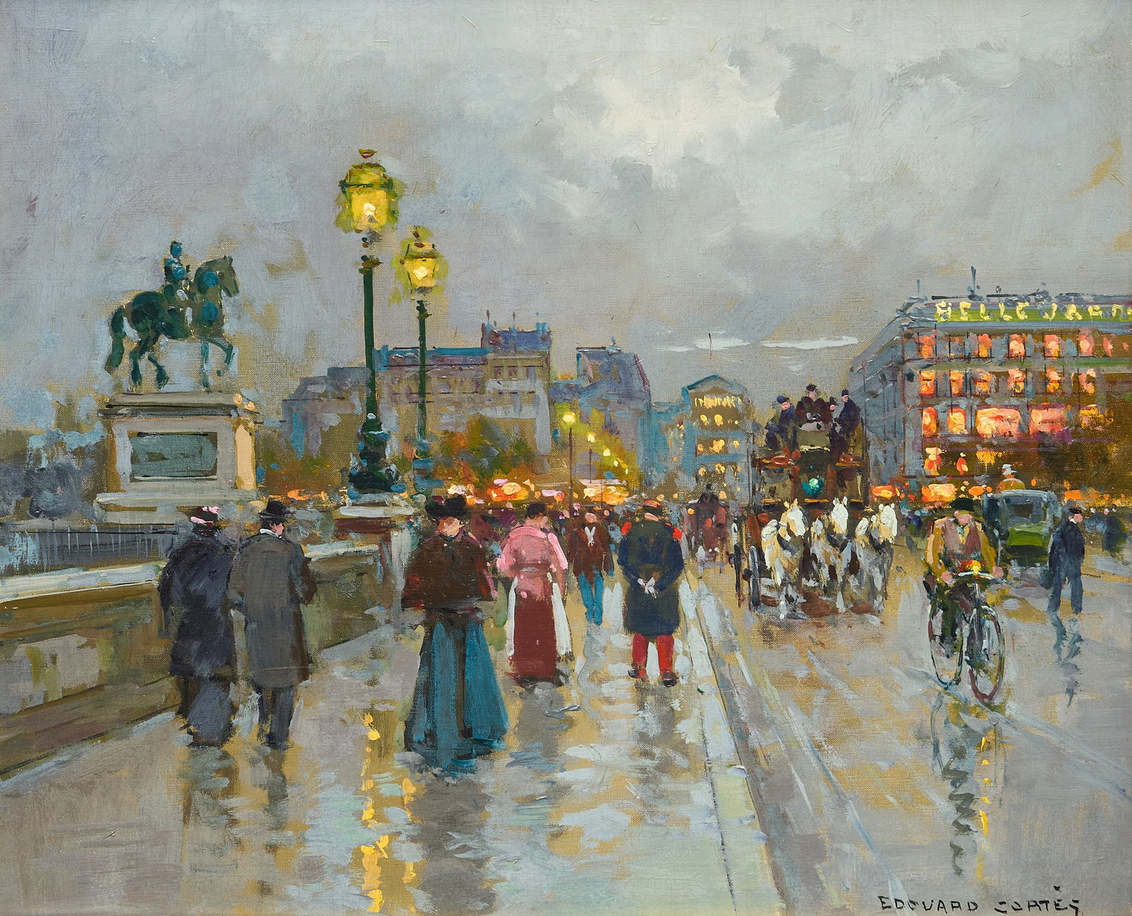 Edouard Cortes, Pont Neuf, Rainy Evening: Edouard Leon Cortes (1882-1969), rainy evening promenade on the Pont Neuf, the oldest bridge in Paris, oil on canvas, signed lower right sight: 16 x 21.5 in., frame: 27.5 x 31.5 in. Provenan