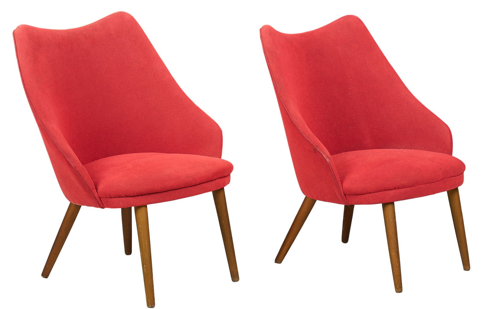Pair of Danish Mid-Century Chairs: Pair of Danish mid-century cocktail chairs with red fabric upholstery, supported on splayed pin legs height 34 in. x width 26 in. x depth 19 in. 