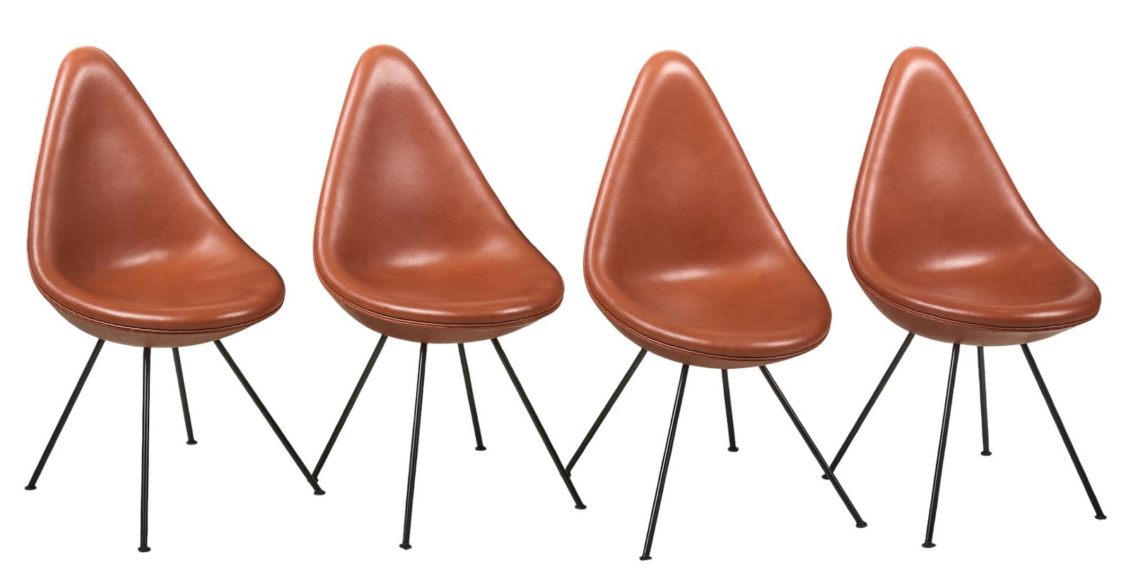 (4) Arne Jacobsen for Fritz Hansen Leather Drop Chairs: Collection of four Arne Jacobsen (Danish, 1902-1971) for Fritz Hansen drop chairs, featuring teardrop shaped form with brown leather upholstery, supported on four splayed legs, marked "Republic of Fri