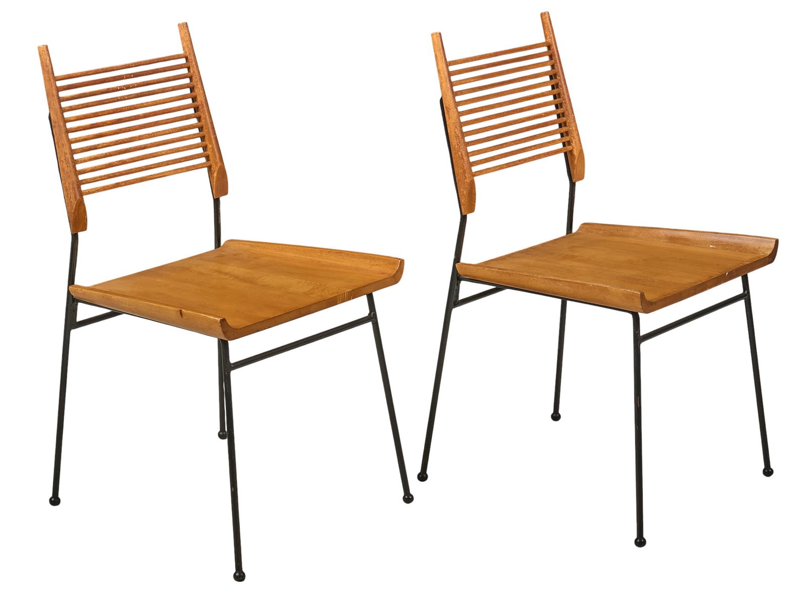 Paul McCobb, Pair of Shovel Chairs: Pair of "Shovel Chairs" (model #1533) by Paul McCobb (1917-1969, American), for the Planner Group line for Winchendon Furniture, constructed of slatted wooden back and ir