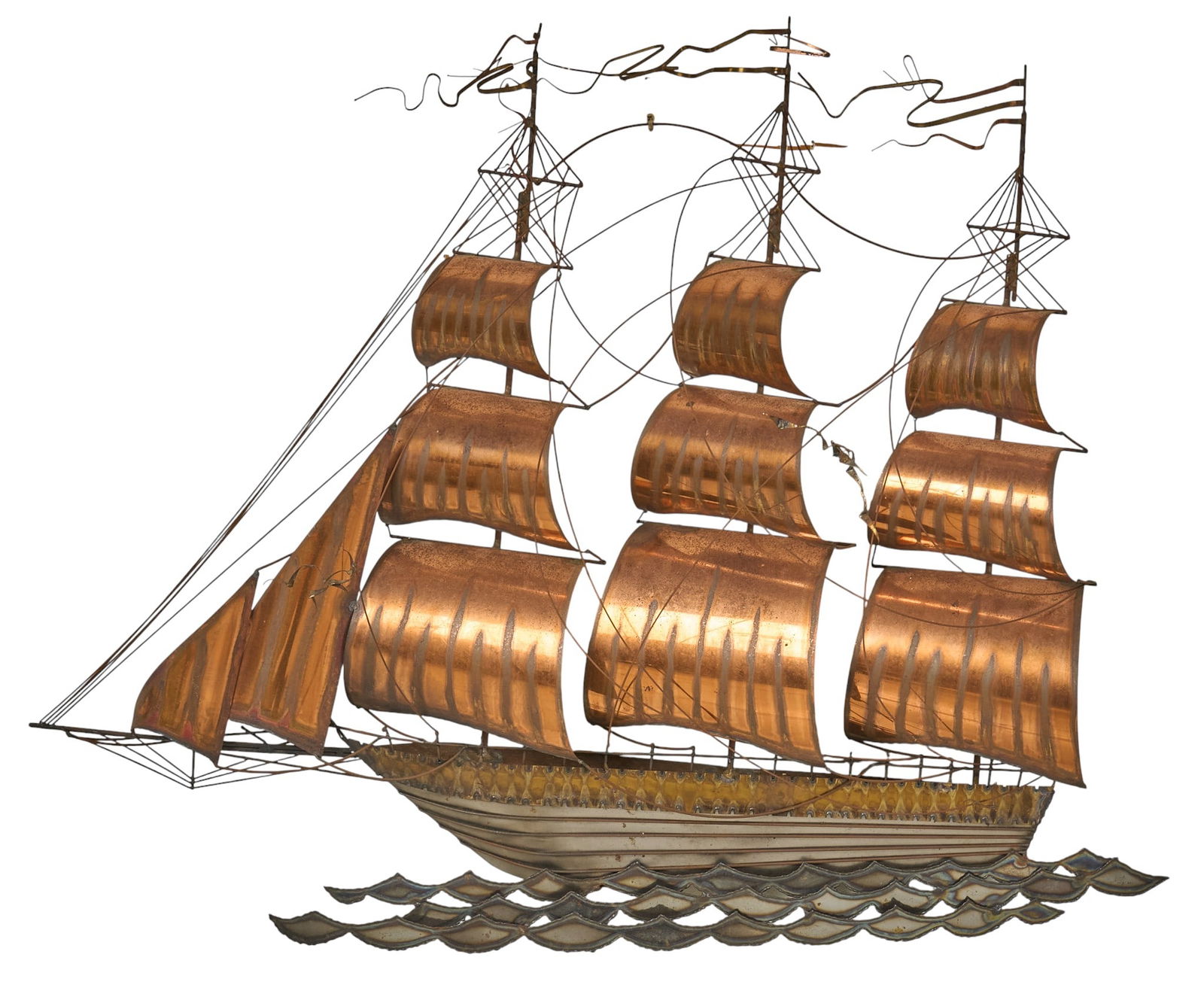Jerry Amon, Copper Ship Wall Art: Jerry Amon, copper wall art depicting a ship and waves height 34 in. x width 41 in. x depth 9 in. Provenance: Property from a home in Rockport, Texas