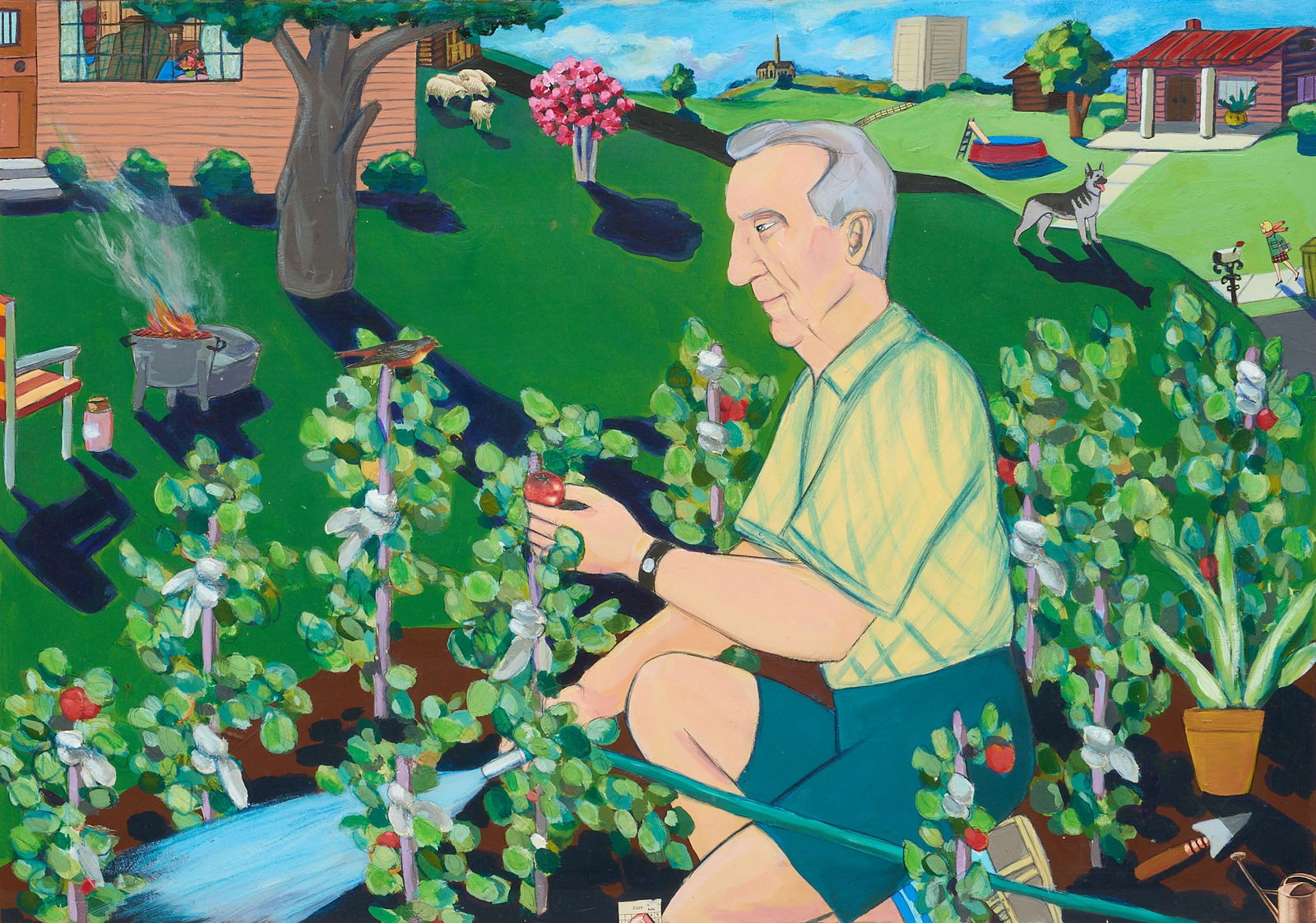 Luanne Stovall, "Tending the Garden": Luanne Stovall(Amer., b. 1954), "Tending the Garden", oil and mixed media collage on paper, signed lower right and titled lower left&n