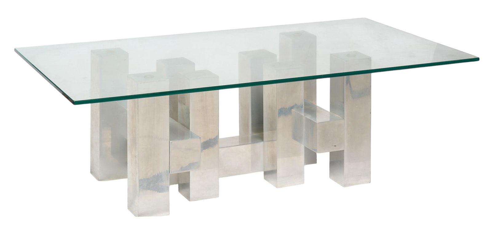 Attrib. to Paul Evans, Cityscape Coffee Table: Attributed to Paul Evans, Cityscape coffee table with chrome base, and glass top, circa 1970s height 17 in. x width 54 in. x depth 30 in.