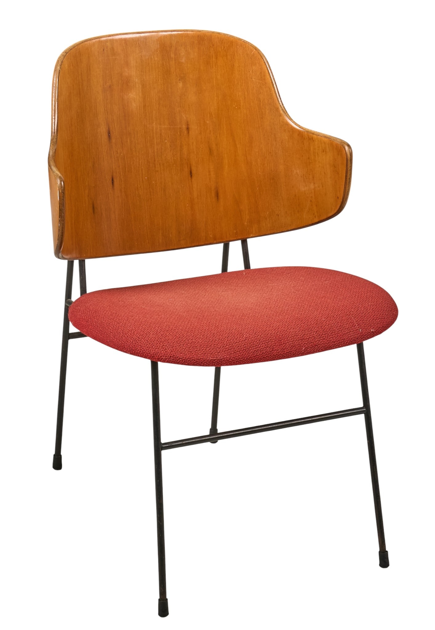Ib Kofod-Larsen, Penguin Chair: Penguin Chair by Ib Kofod-Larson (1921-2003, Denmark), with metal frame, wooden back, and red-orange upholstery seat cushion height 32 in. x width 22 in. x depth 22 in. Provenance: Property from a bea