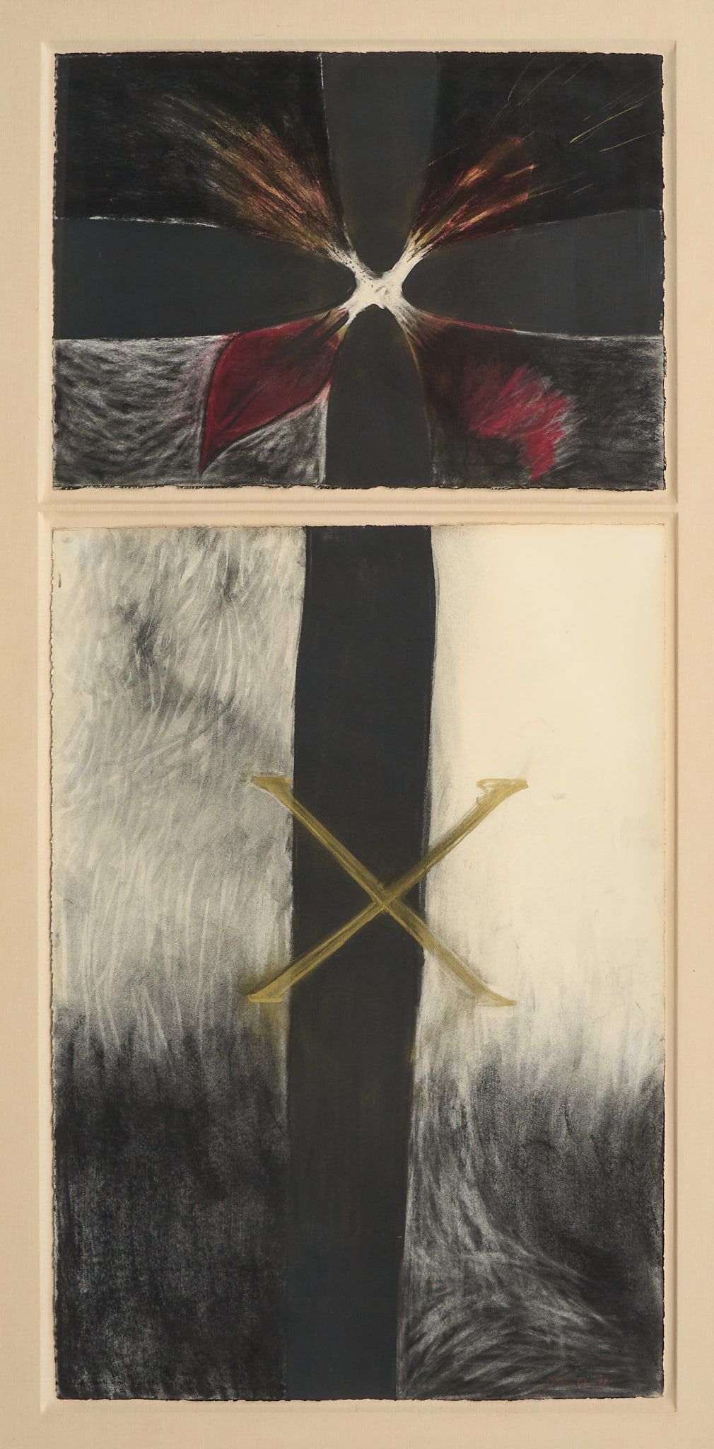 Laura Anderson, "X" Diptych: Laura Anderson (Amer., 29th-21st C.), "X", pastel and charcoal on paper (diptych), together in one frame, signed and dated lower right of larger sheet, 1992, with Milagros Contemporary