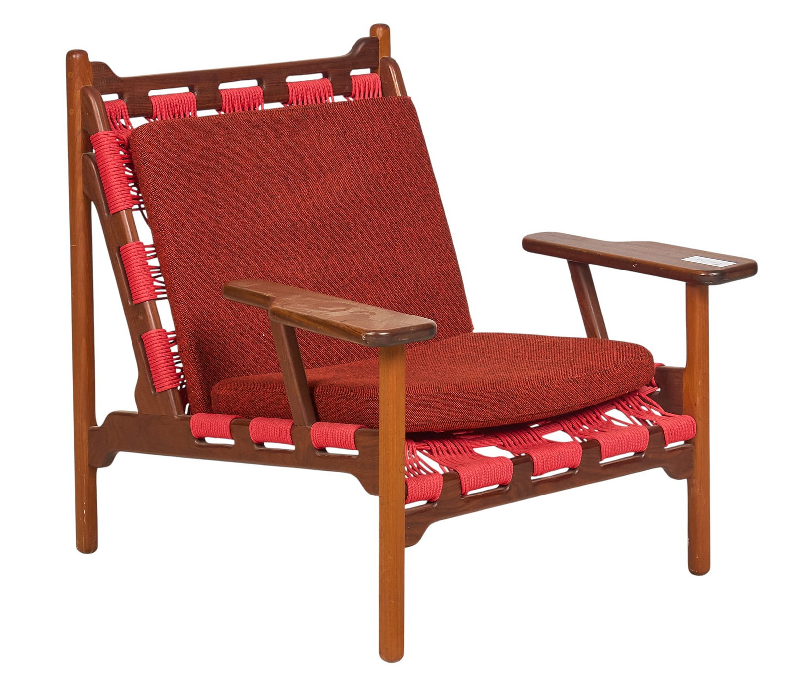 Danish Mid-Century Lounge Chair: Danish mid-century lounge chair with wooden frame, woven cord seat and backrest, and removavle cushion, supported on tubular legs height 33.5 in .x width 33 in. x depth 34 in. 