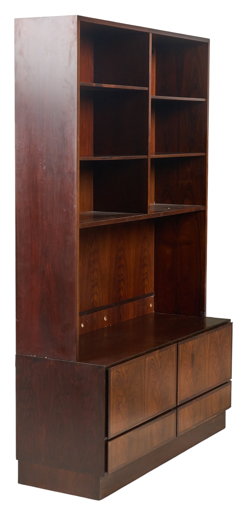 Omann Jun Mid-Century Bookcase: Omann Jun (Denmark) mid-century two pieces bookcase with shelving unit supported on base with four drawers, on plinth base, marked with sticker label on back height 75 in. x width 47 in. x depth