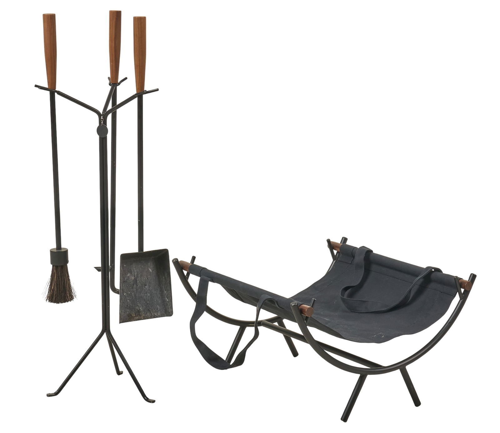 George Nelson for Herman Miller, Fireplace Accessories: George Nelson for Herman Miller fireplace accessories, featuring a fireplace caddy with canvas and iron construction, and three-piece fireplace tool stand, to include a poker, fireplace brush, an
