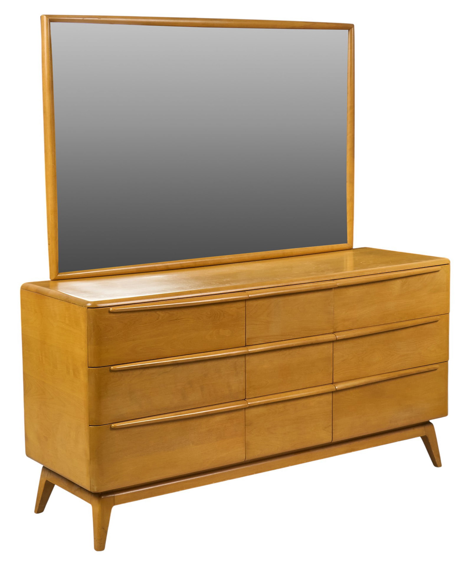Heywood-Wakefield Dresser with Mirror: Mid-century Heywood-Wakefield dresser with nine drawers, and mirror, supported on pin legs, marked inside drawer height 68 in. x width 62 in. x depth 21 in. / dresser only Provenance: Property from a 