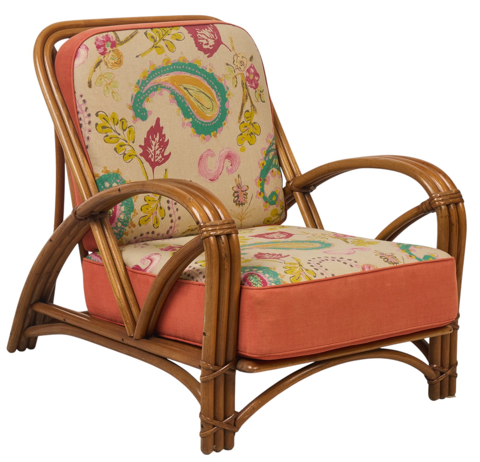 Heywood-Wakefield Armchair: Vintage original Heywood-Wakefield bent oak armchair with thick organic latex cushion with paisley pattern upholstery height 34 in. x width 29 in. x depth 38 in. Provenance: Property from a home in Sa