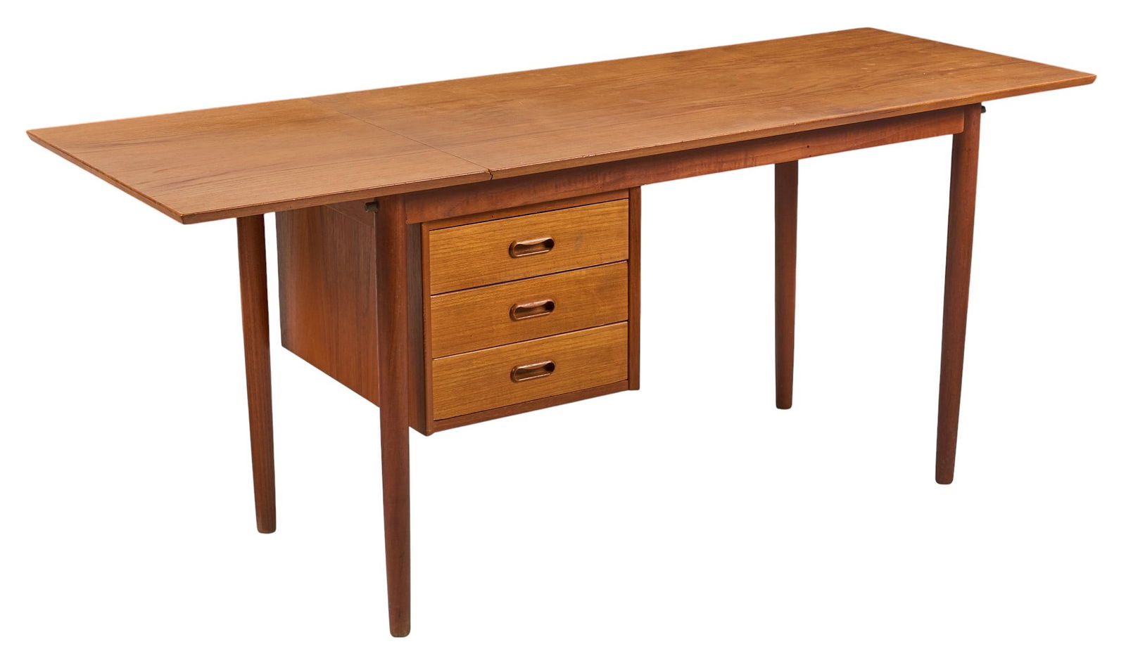 Attrib. Arne Vodder, Mid-Century Desk: Attributed to Arne Vodder (Danish, 1926-2009), mid-century desk with sliding drawer system composed of three drawers, supported on pin legs, manufactured by H. Sigh & Son height 28