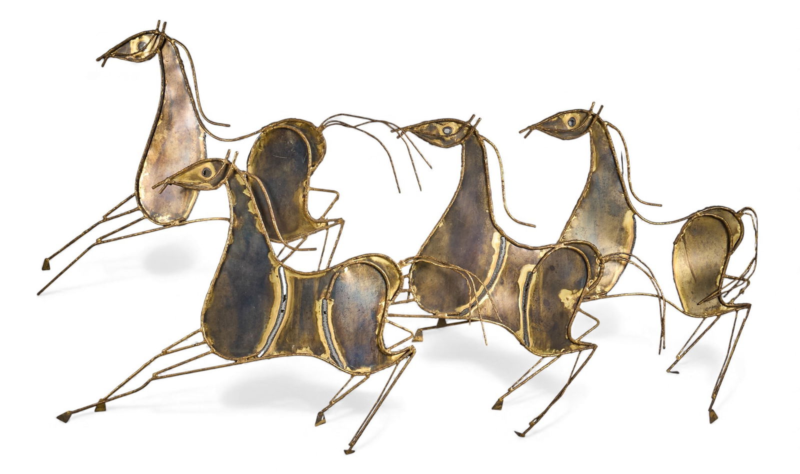 Curtis Jere, Galloping Horses: Curtis Jere (California / China, 1910-2008), metal wall art sculpture depicting galloping horses height 30 in. x width 50 in. x depth 1 in.