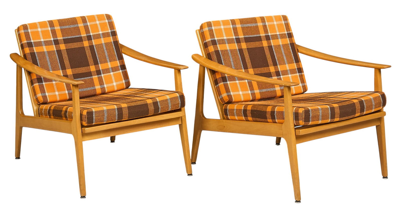 Pair of Danish Mid-Century Lounge Chairs: Pair of Danish lounge chairs with cushioned seats in warm tartan fabric, supported on splayed legs height 49 in. x width 25 in. x depth 30 in. / each