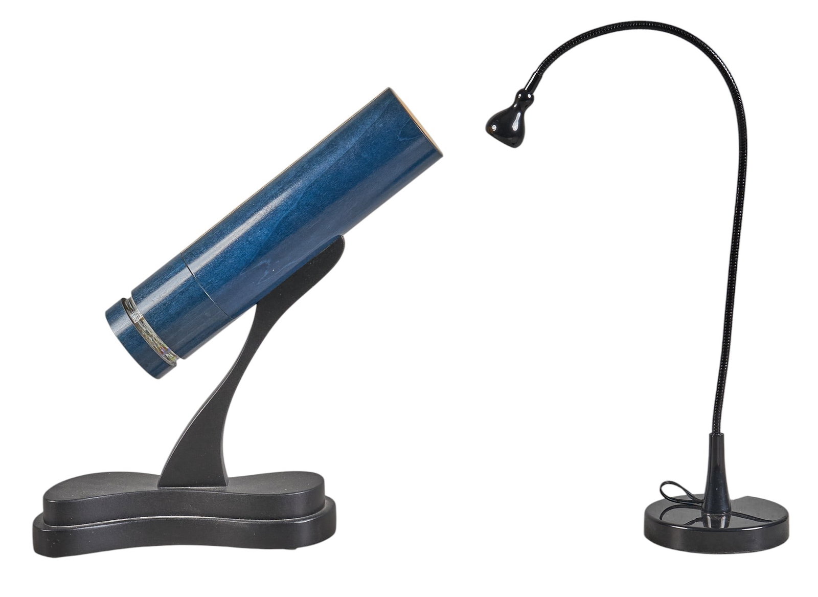 Mid-Century Kaleidoscope with Light: Kaleidoscope with a blue body, mounted on a black stand, with an adjustable black table lamp height 14 in. x width 13 in. x depth 5 in. / largest Provenance: Property from a home in San Antonio, Texas