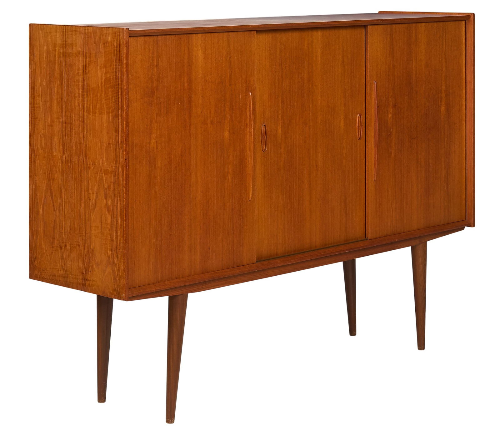 Farso Mobelfabrik Credenza: Farso Mobelfabrik (Denmark) mid-century credenza, with three sliding doors opening to shelving and drawers, supported on pin legs, marked with maker's sticker height 45 in. x width 63 in. x depth 16.5