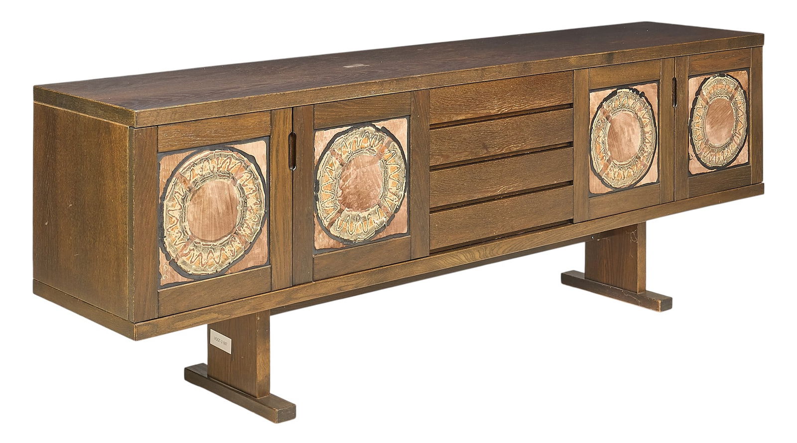 Norwegian Mid-Century Credenza: Norwegian mid-century credenza with four cabinet doors inlaid with large ceramic tiles, opening to shelved interior, and four drawers, supported on trestle legs height 30 in. x width 84.5 i