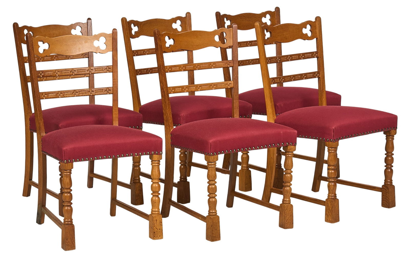 Set of (6) Danish Mid-Century Chairs: Set of six Danish mid-century armchairs with ladder back, and cushioned seats with red fabric, supported on turned legs height 35 in. x width 18 in. x depth 19 in. / each 