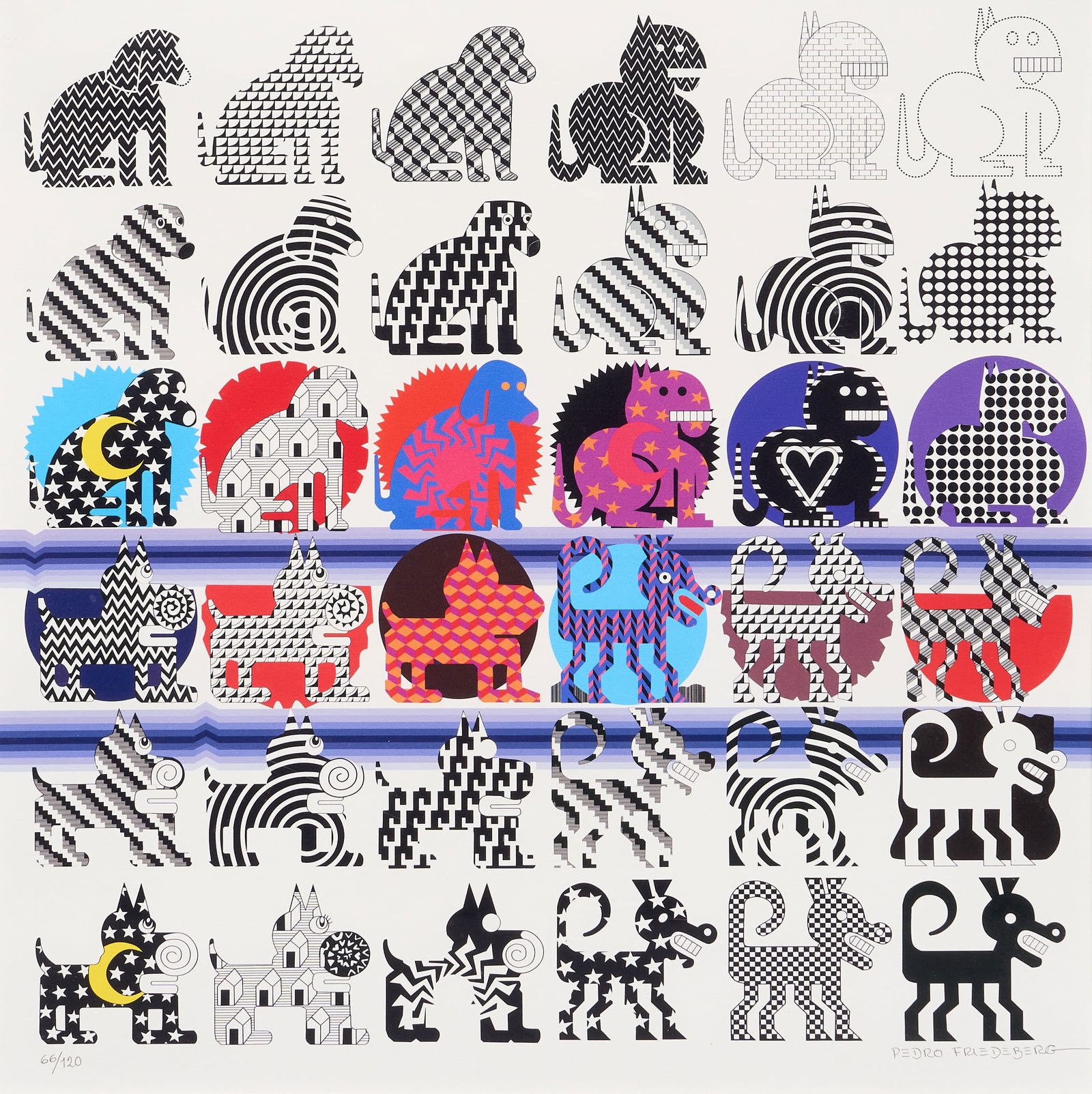 Pedro Friedeberg, "36 Perritos": Pedro Friedeberg (New York / Texas / Mexico / Italy, b. 1936), "36 Perritos", signed and numbered screenprint in colors on paper, ed. 66/120, signed and numbered in pencil in the l