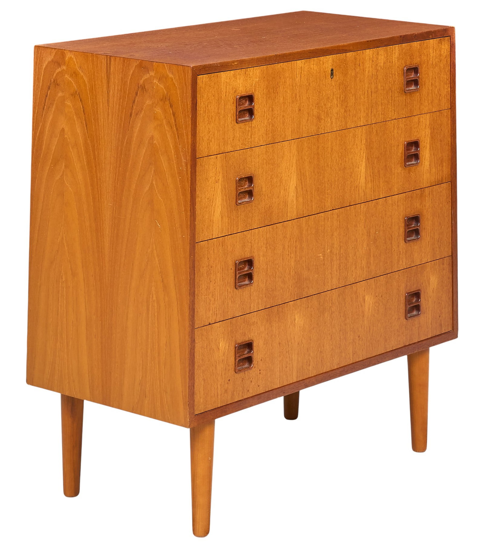 Danish Mid-Century Chest of Drawers: Danish mid-century chest of four drawers, supported on pin legs height 32 in. x width 31.5 in. x width 15.5 in. 
