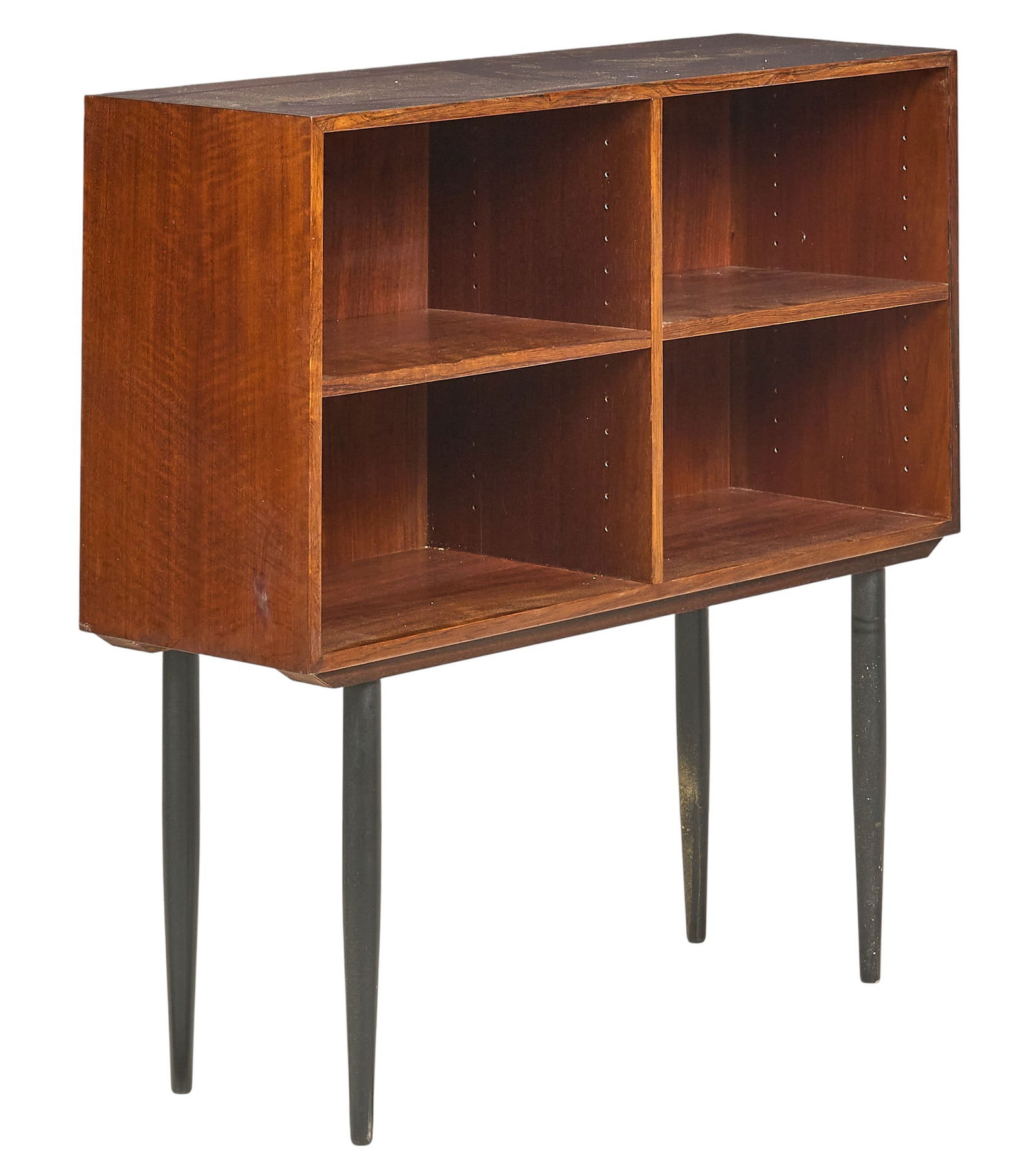 Bramin Mid-Century Music Cabinet: Bramin (Denmark) mid-century music cabinet with two adjustable shelves, supoported on pin legs, marked on back with Brahmin paper label height 38 in. x width 39.5 in. x depth 12 in. 