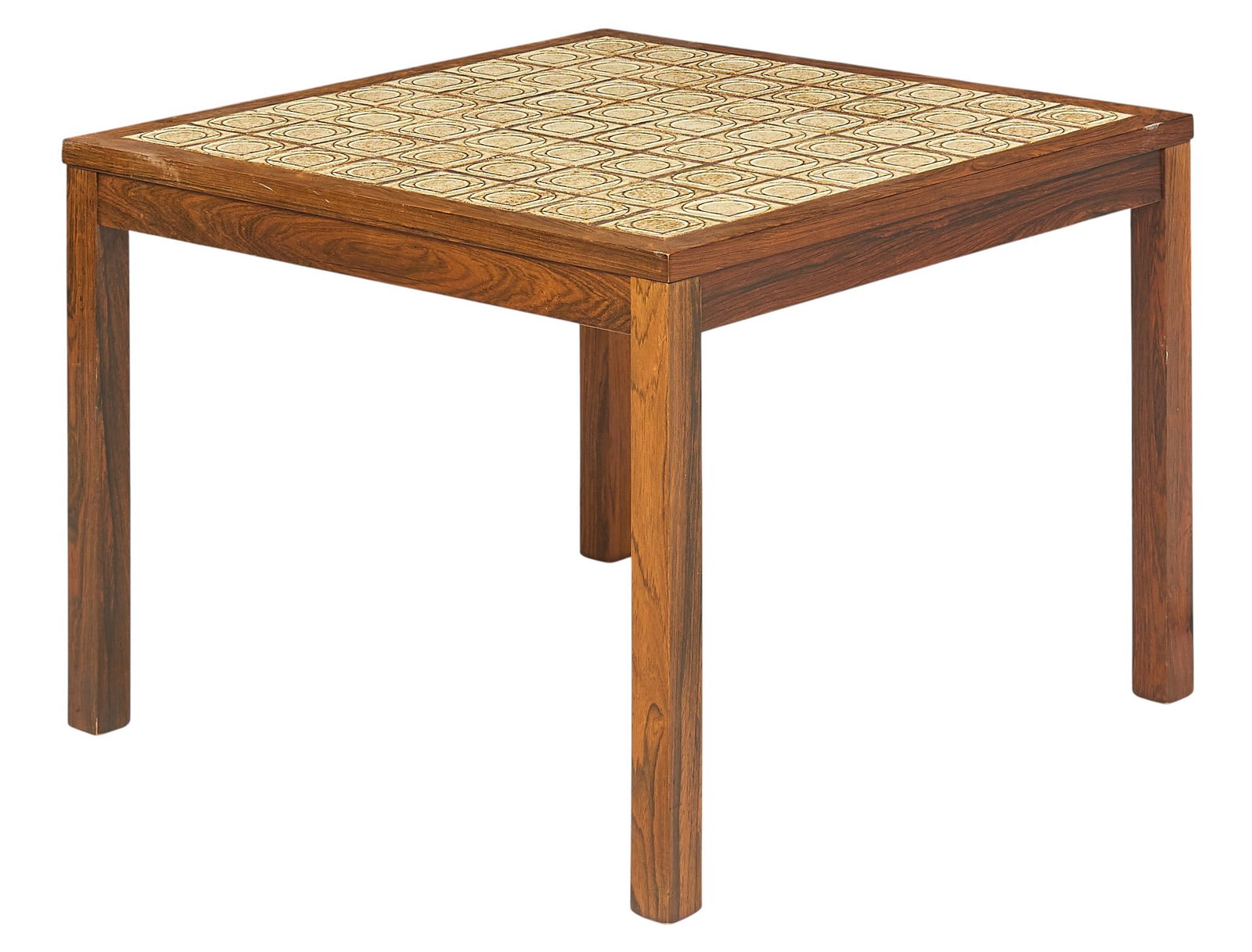 Danish Mid-Century End Table: Danish mid-century end table with tile inlay, supported on block legs height 20 in. x width 27.5 in. x depth 27.5 in. 