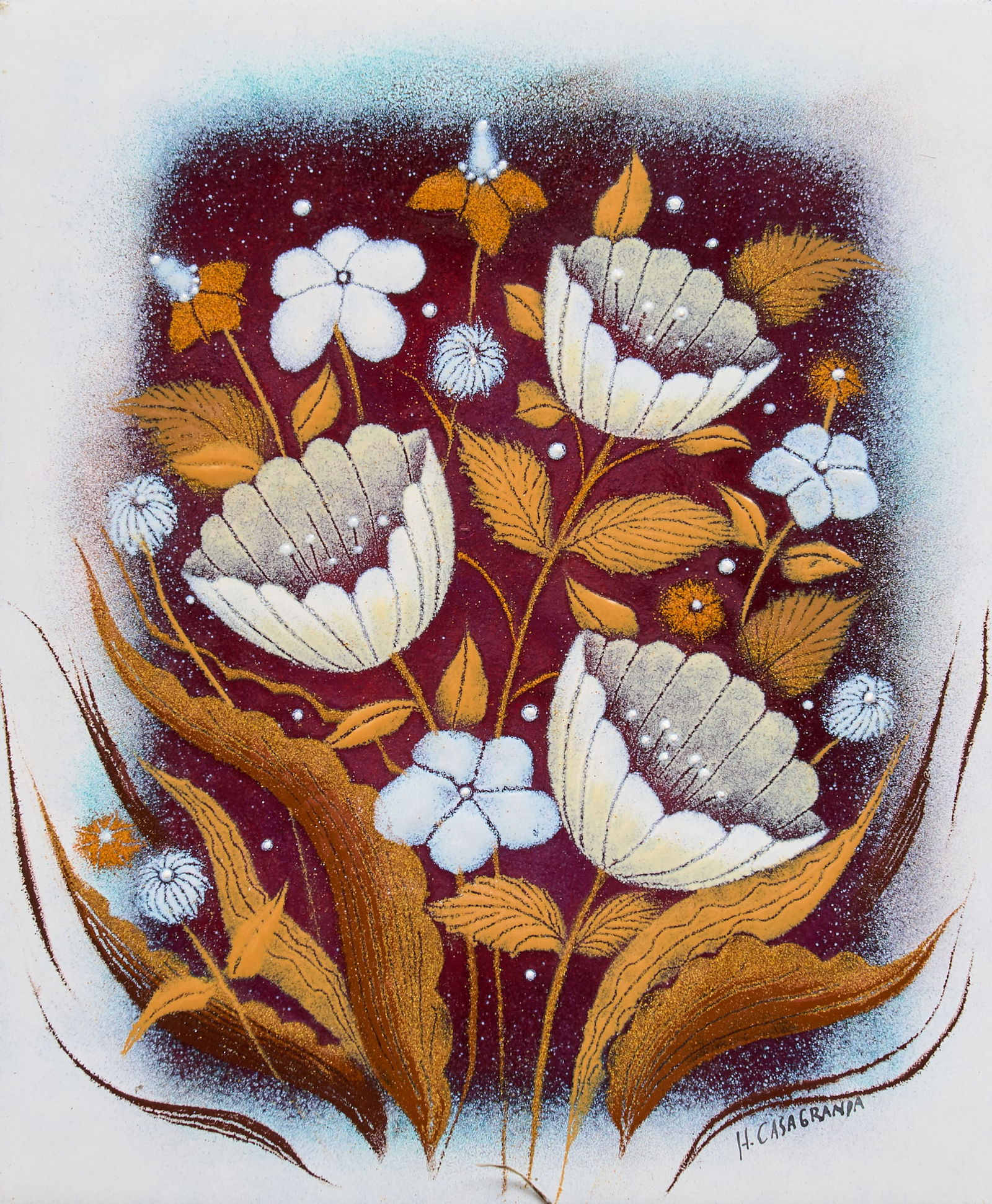 Framed H. Casagranda, Enameled Copper Tile: Framed Herman Casagranda (20th century, American) enamel on copper tile with floral motif, signed, circa 1960s sight: 8 x 6 in., frame: 12 x 11 in. Provenance: Property from a home in Rockport, Texas