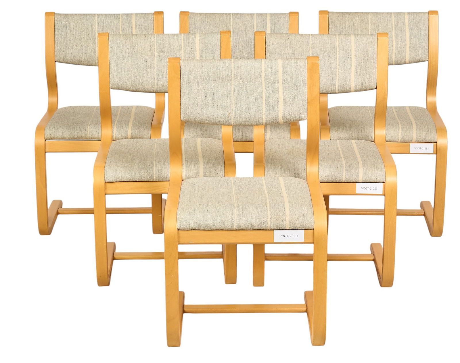 Set of (6) Danish Mid-Century Lounge Chairs: Set of six Danish mid-century dining chairs with cushioned backrest and seat in striped gray fabric, supported on bentwood sled legs height 33 in. x width 19 in. x depth 20 in. / each 