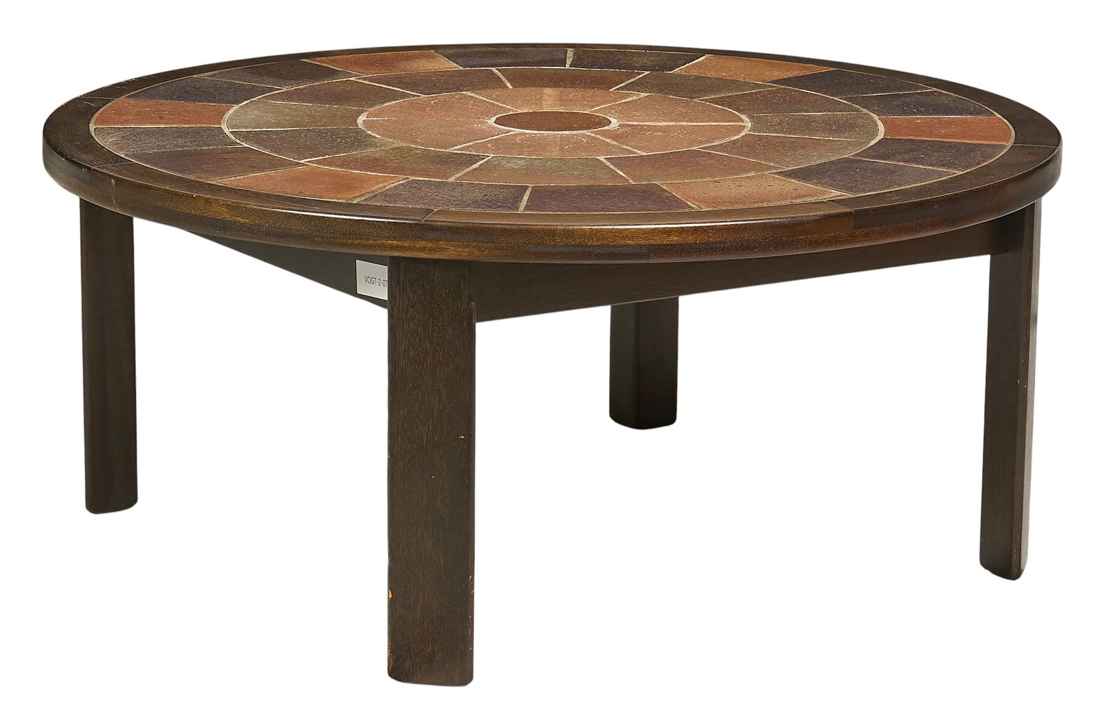 Danish Mid-Century Inlaid Coffee Table: Danish mid-century coffee table with circular top inlaid with ceramic tiles, supported on block legs height 20 in. x diameter 46 in.