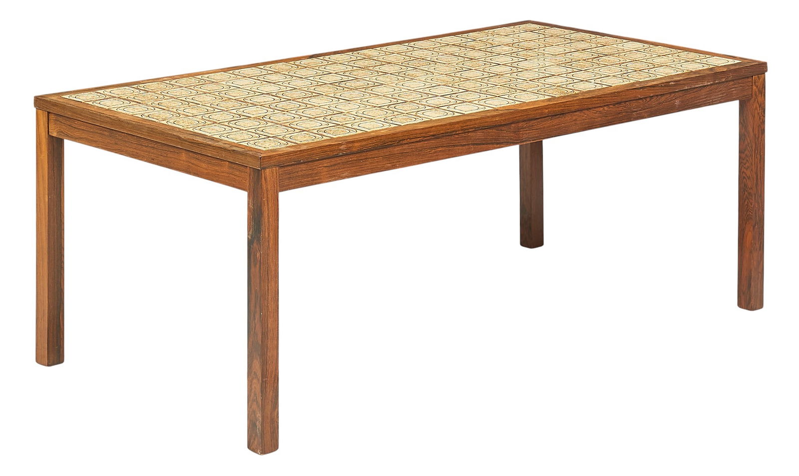 Danish Mid-Century Inlaid Tile Coffee Table: Danish mid-century ceramic tile inlaid coffee table, supported on block legs height 19 in. x width 52.5 in. x depth 27.5 in. 