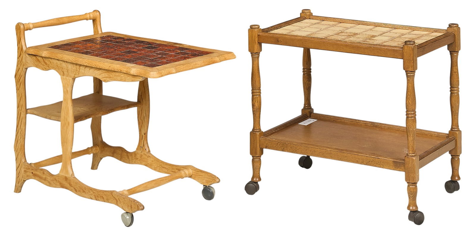 Pair of Danish Mid-Century Serving Trolleys: Two Danish mid-century tile-top serving trolleys, one with push bar, red tiles, and lower small shelf, and other with beige tiles, lower tier, and turned posts, both supported on casters height