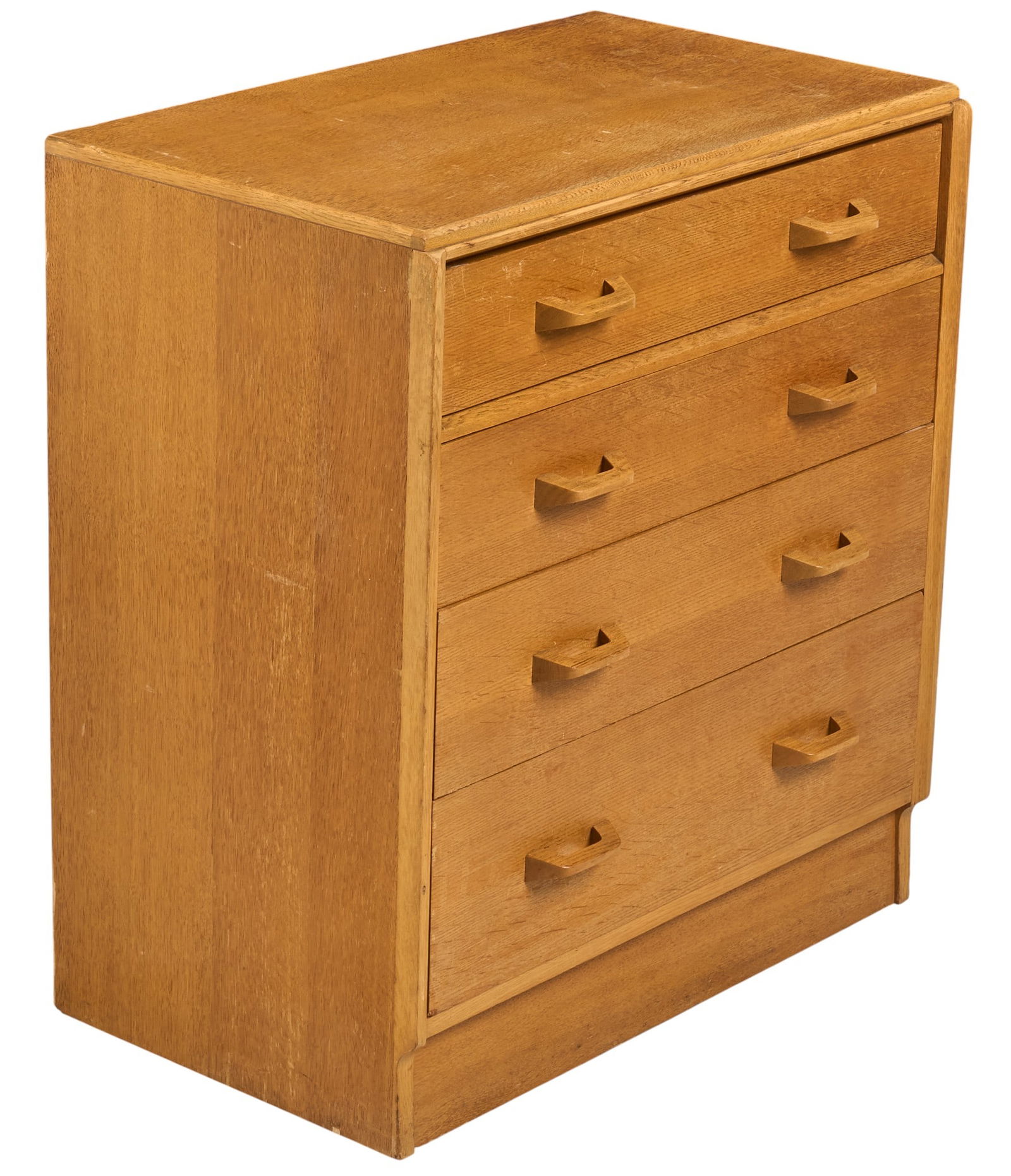 Mid-Century Oak Secretary Dresser: Mid-century oak secretary dresser with top drawer with drop front that opens to fitted storage, above three dovetail drawers with wooden pulls, supported on plinth height 33.5 in. x width 30 in.