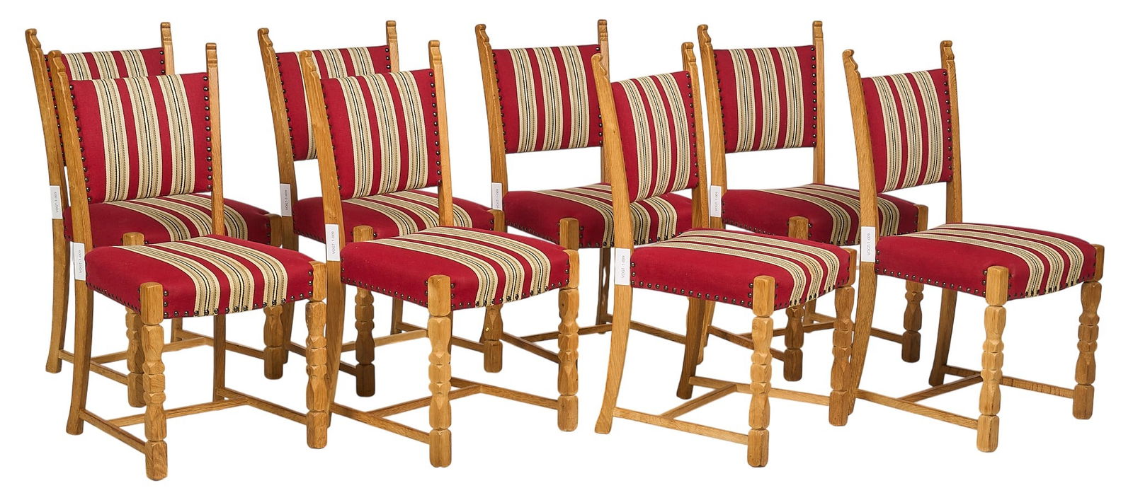 Set of (8) Danish Mid-Century Armchairs: Set of eight Danish mid-century dining chairs with cushioned backrest and seat in striped fabric, supported on carved block legs with H-frame stretcher height 37 in. x width 18 in. x depth 17 in. / ea