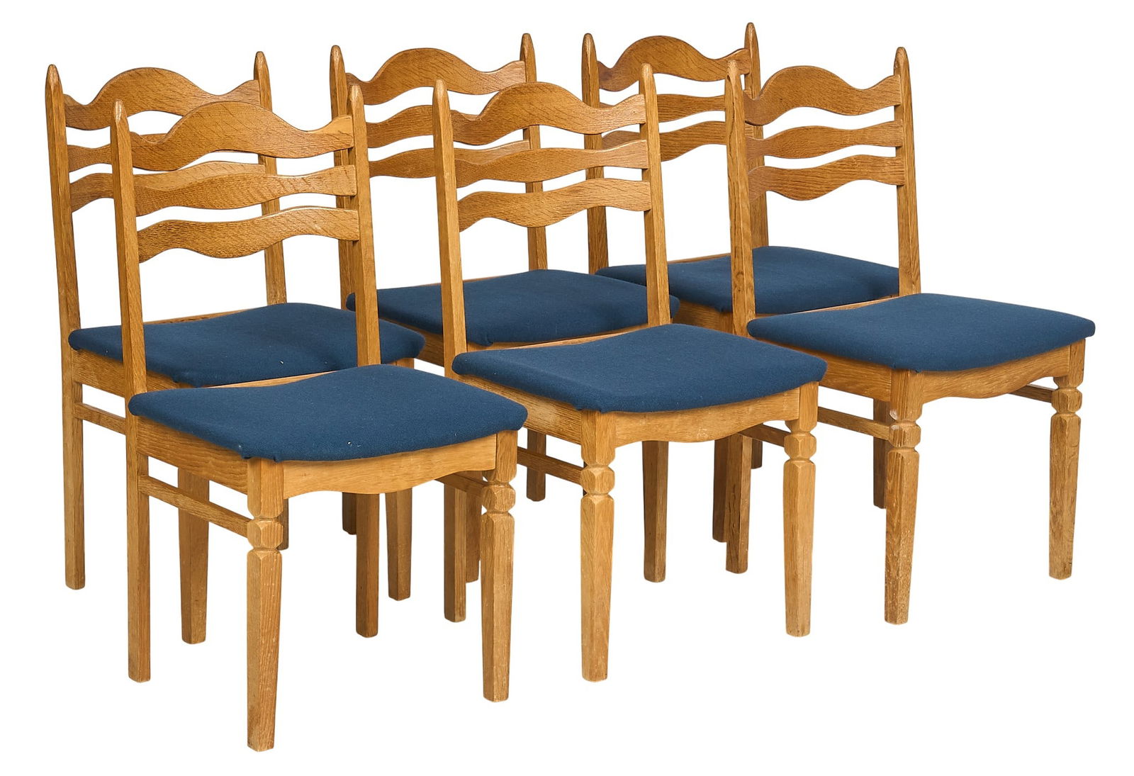 Set of (6) Danish Mid-Century Dining Chairs: Set of six Danish mid-century ladder back dining chairs with cushioned blue seats with blue fabric upholstery, supported on block legs height 35 in. x width 19.5 in. x depth 16.5 in. / each