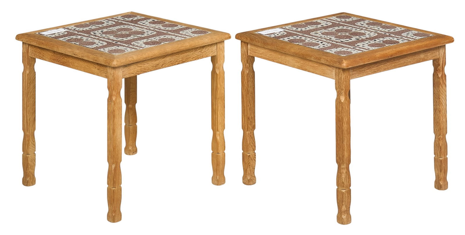 Pair of Danish Mid-Century Side Tables: Pair of Danish mid-century side table with ceramic tile inlay, supported on shaped block legs height 18.5 in. x width 19.5 in. x depth 19.5 in. / each 