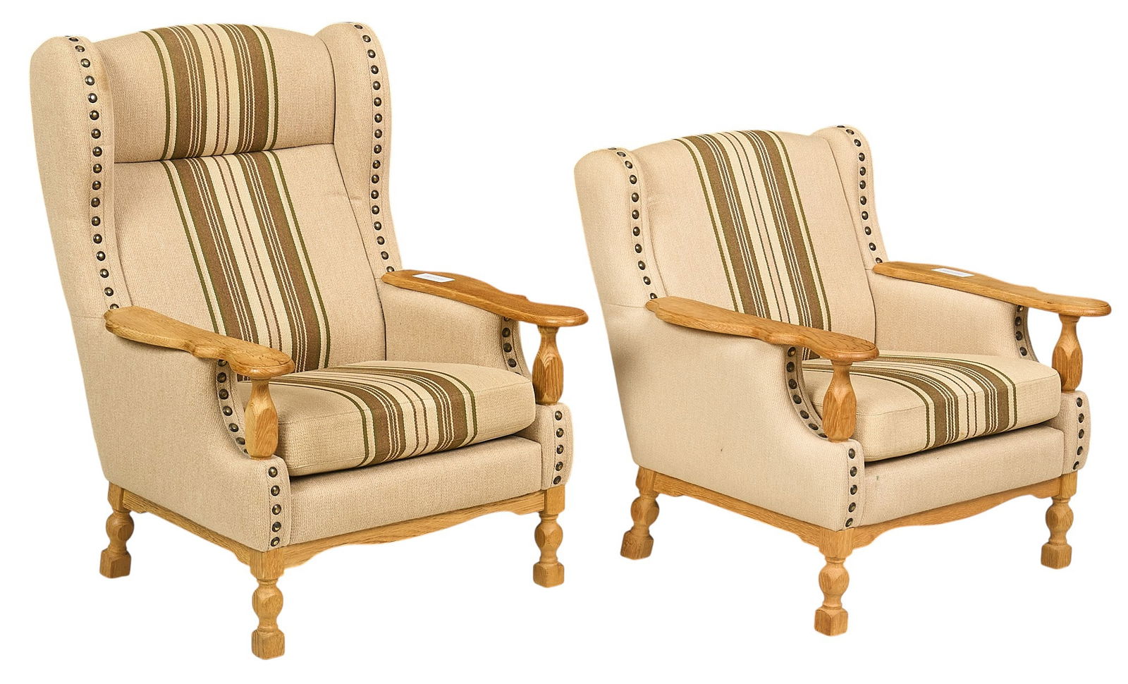 Pair of Henning Kjaernulf Companion Chairs: Pair of Henning Kjaernulf (Denmark) oak mid-century companion chairs with striped fabric upholstery, supported on shaped block legs height 40 in. x width 27.5 in. x depth 32 in. 