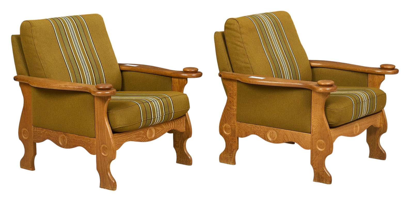 Pair of Henning Kjaernulf Armchairs: Pair of Henning Kjaernulf armchairs with oak frames, and cushioned backrest and seat with striped green fabric, supported on shaped legs height 30 in. x width 32 in. x depth 33 in. 