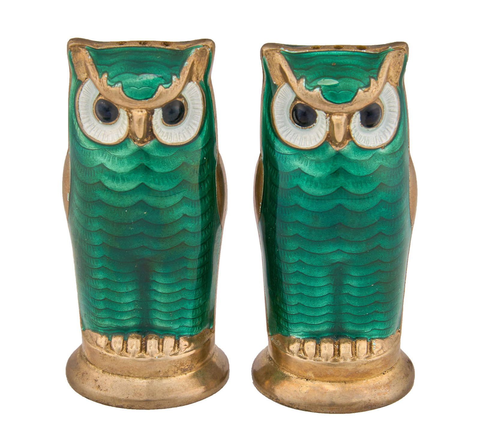 Pair of Green David-Anderson Salt and Pepper Shakers: Pair of mid-century David Anderson (1843-1901, Norway) enameled sterling owl salt and pepper shakers, marked on bottom "D-A Norway, Sterling, 925" height 2.5 in. Total weight: 1.735 ozt Provenance: Pr