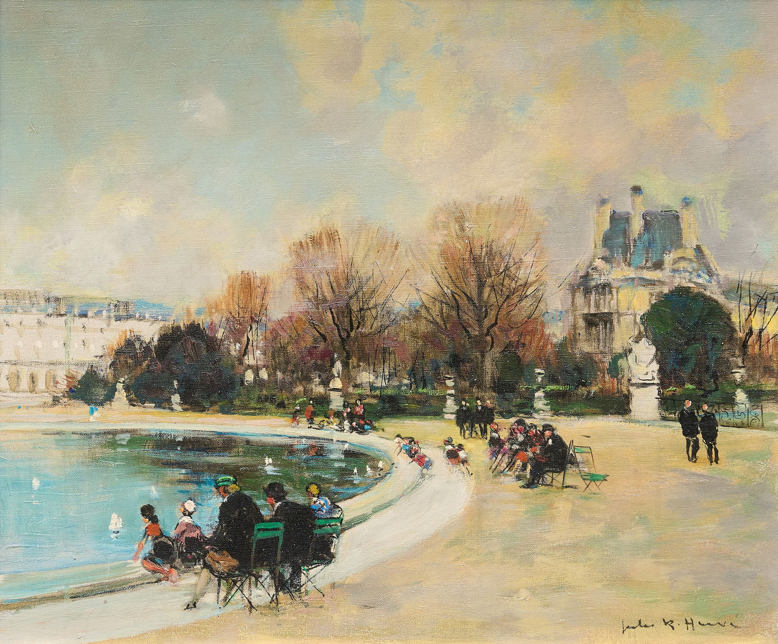 Jules Rene Herve, Paris Scene: Jules Rene Herve (France / America, 1887-1981), Paris park scene, oil on canvas, signed lower right sight: 17 x 21 in., frame: 24.5 x 28 in. Provenance: Property from a Dallas, Texas collection