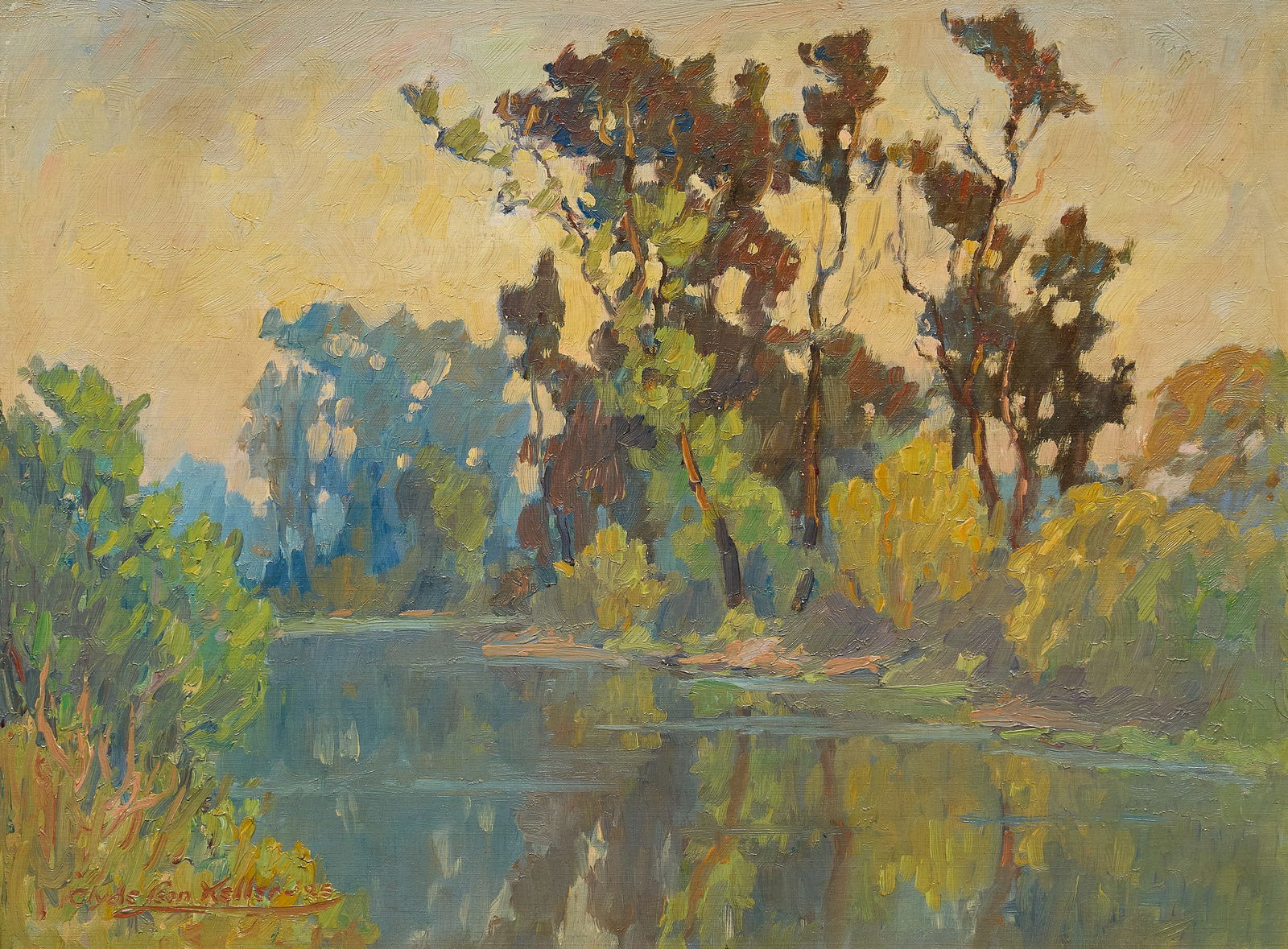 Clyde Keller, "Quiet Stream": Clyde Leon Keller (California / Oregon, 1872-1962), "Quiet Stream", oil on board, signed and dated lower left, 1925, titled on the verso sight: 18 x 24 in., frame: 23.5 x 29.5 in. Prove