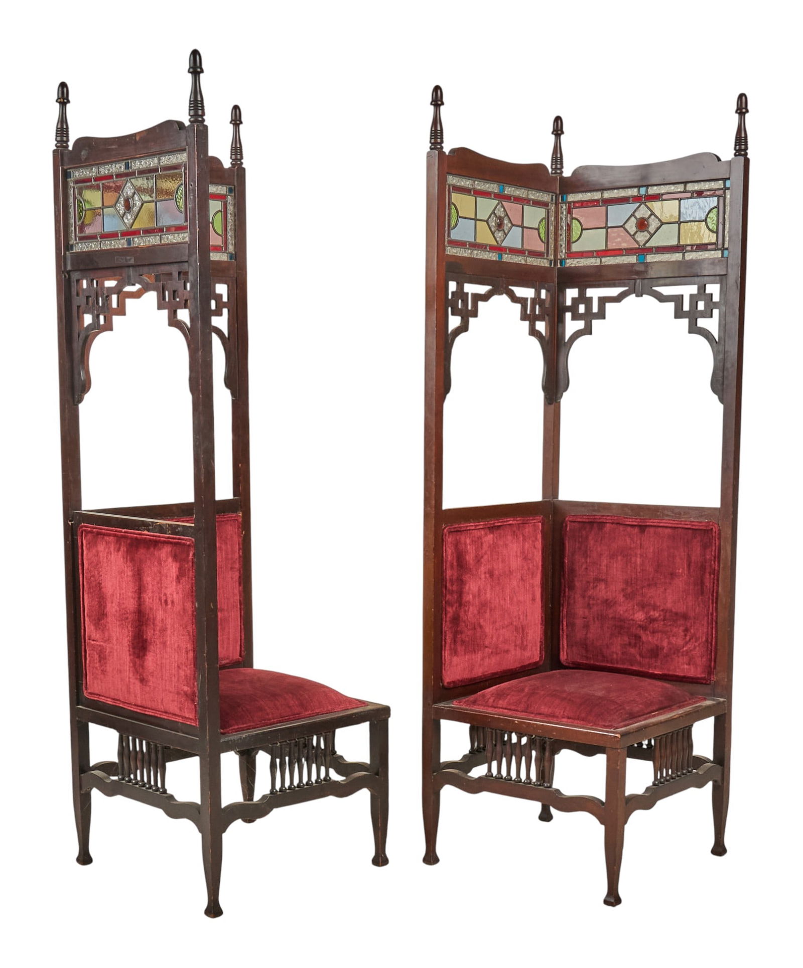 Victorian Style Alcove Corner Chairs: Pair of vintage Victorian style alcove corner chairs with stained glass panels, and velvet upholstery height 69 in. x width 20.5 in. x depth 20.5 in. / each Provenance: Property from a home in S